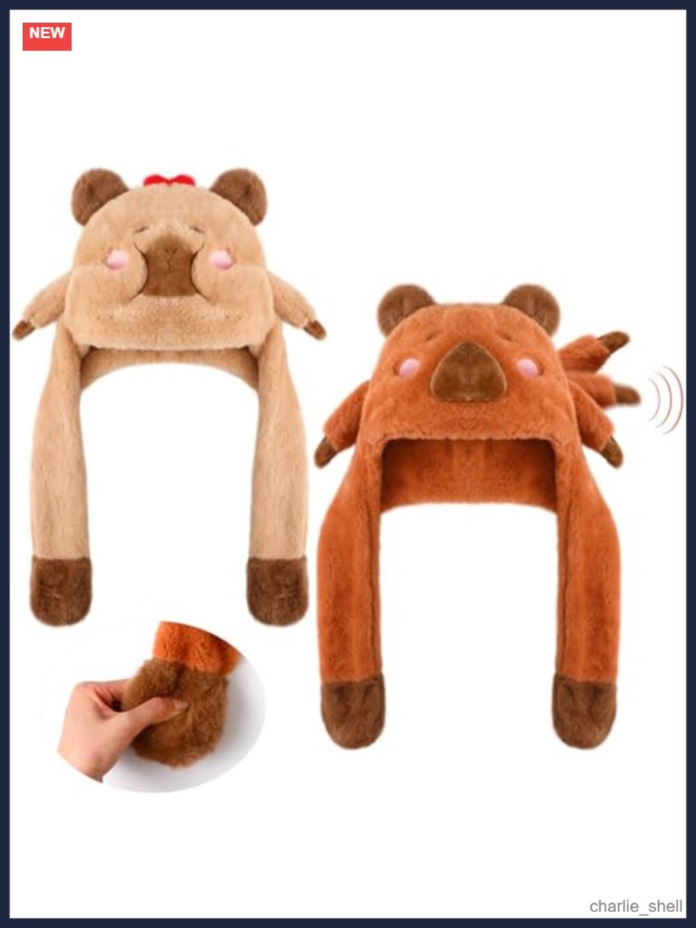 2 Pack Capybara Animal Hat With Moving Ears And Hands, Velvet Beanie For Cosplay